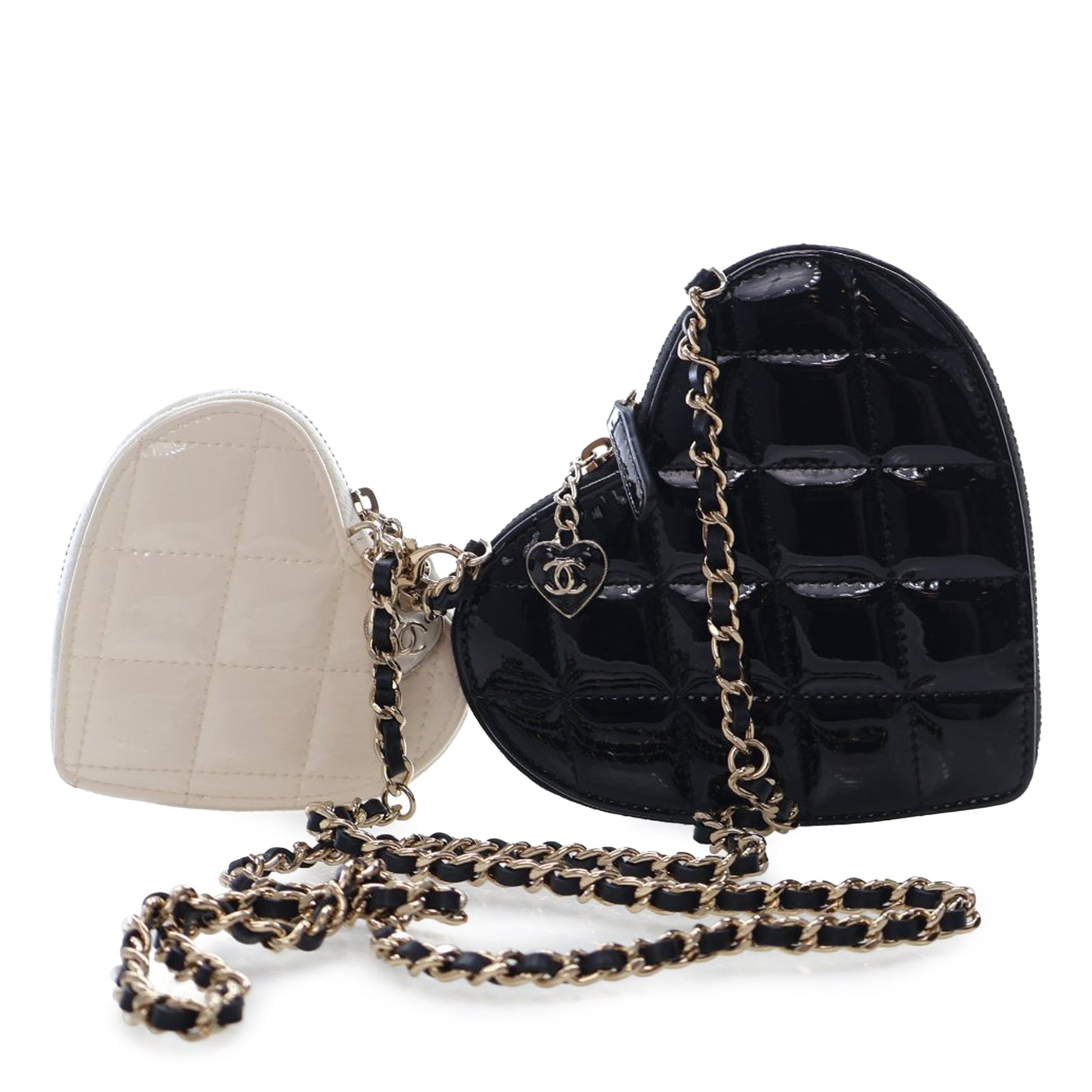 Chanel Quilted Patent Duo Heart Clutch with Chain