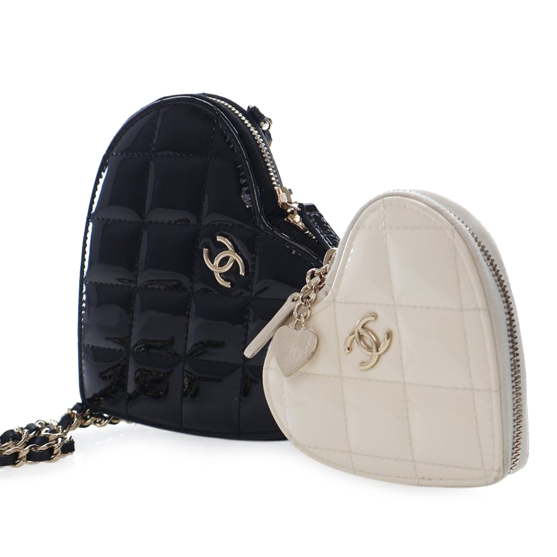Chanel Quilted Patent Duo Heart Clutch with Chain