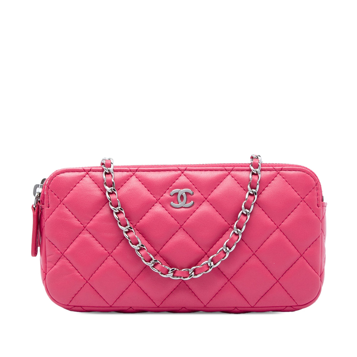 Chanel CC Quilted Lambskin Double Zip Clutch On Chain
