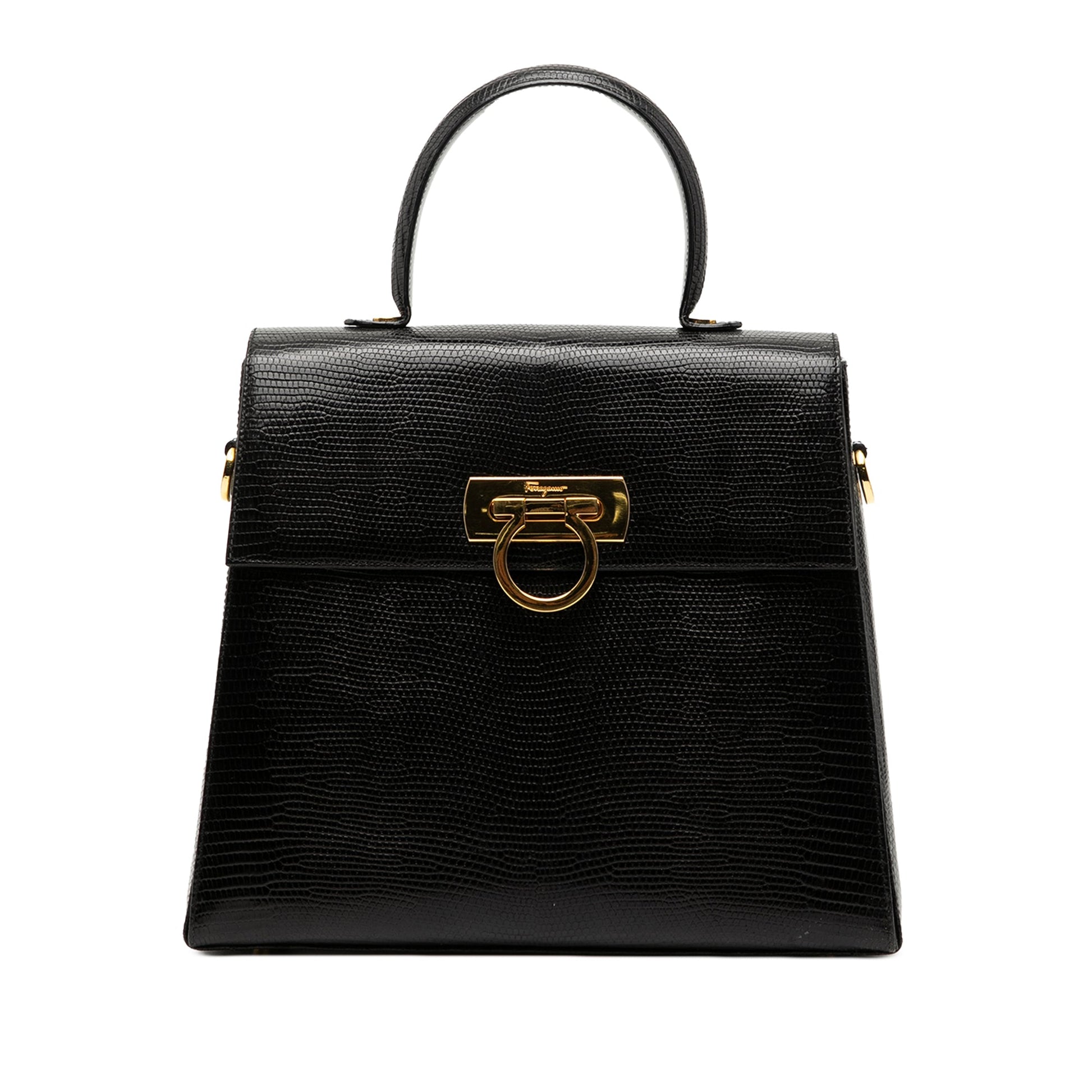 Ferragamo Lizard Embossed Leather Gancini Iconic Top Handle Bag