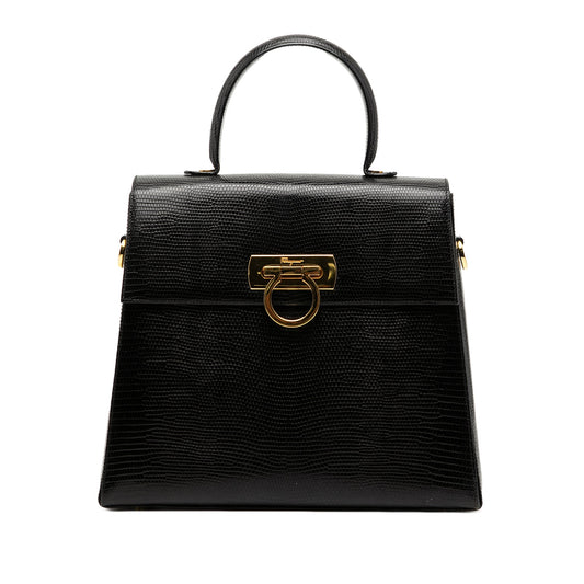 Ferragamo Lizard Embossed Leather Gancini Iconic Top Handle Bag