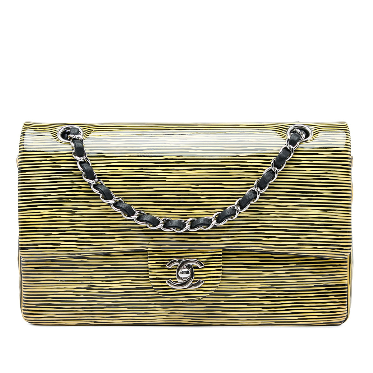 Chanel Medium Classic Patent Striped Double Flap — Yellow