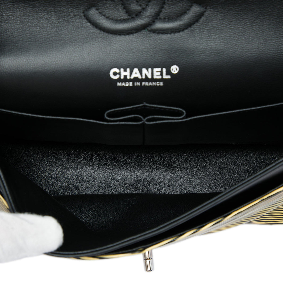 Chanel Medium Classic Patent Striped Double Flap — Yellow