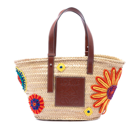 LOEWE Large Floral Embroidered Raffia Basket Tote