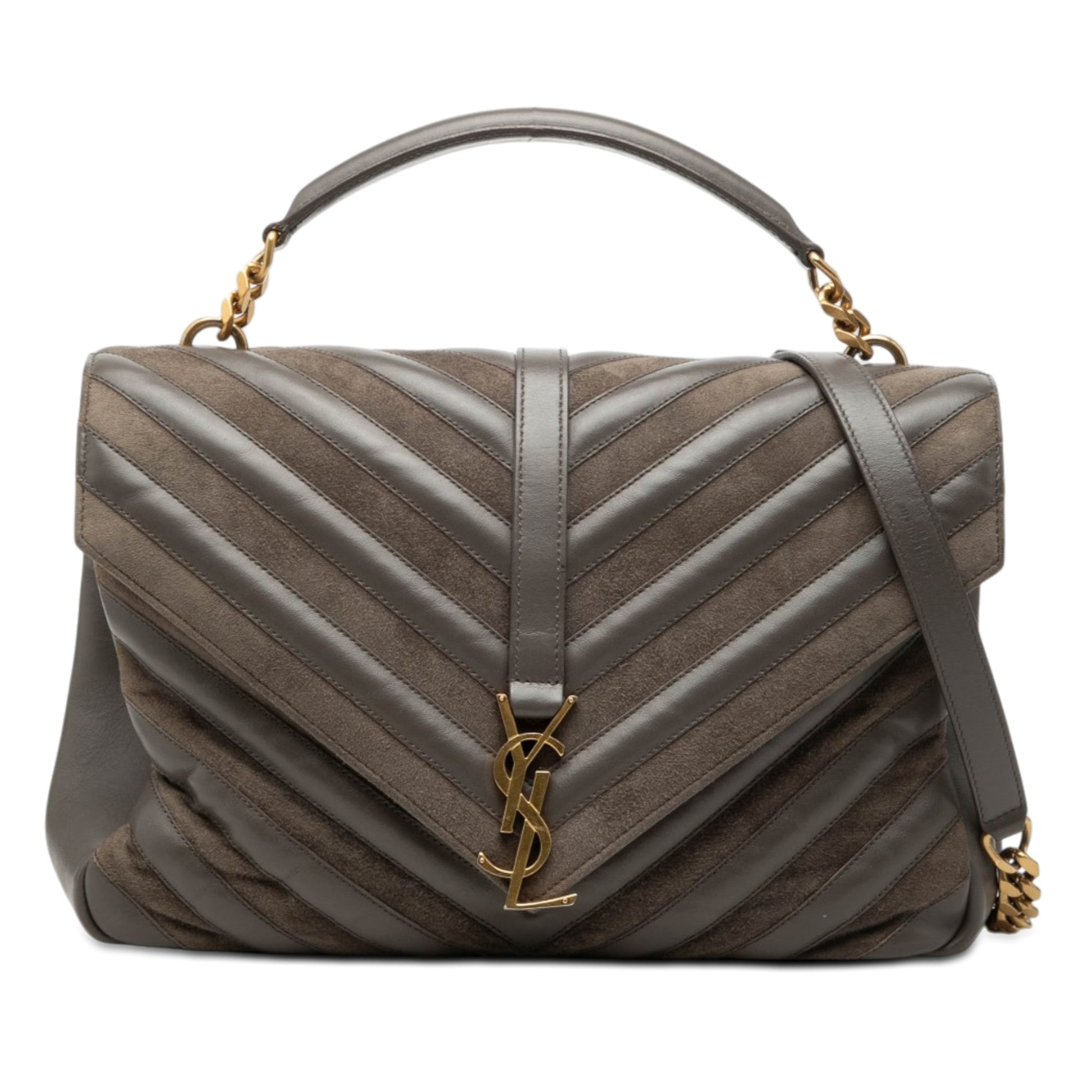 Large Calfskin and Suede Chevron Monogram College Satchel
