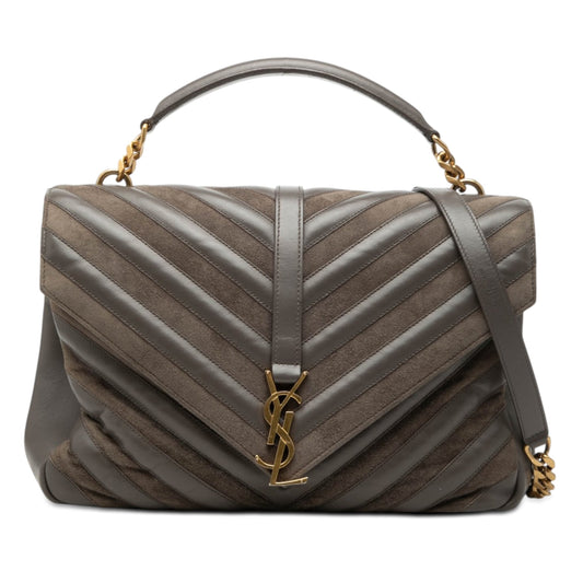 Large Calfskin and Suede Chevron Monogram College Satchel