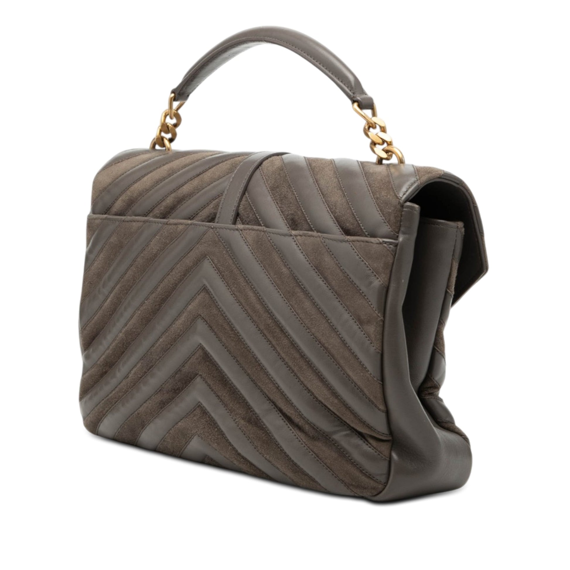 Large Calfskin and Suede Chevron Monogram College Satchel