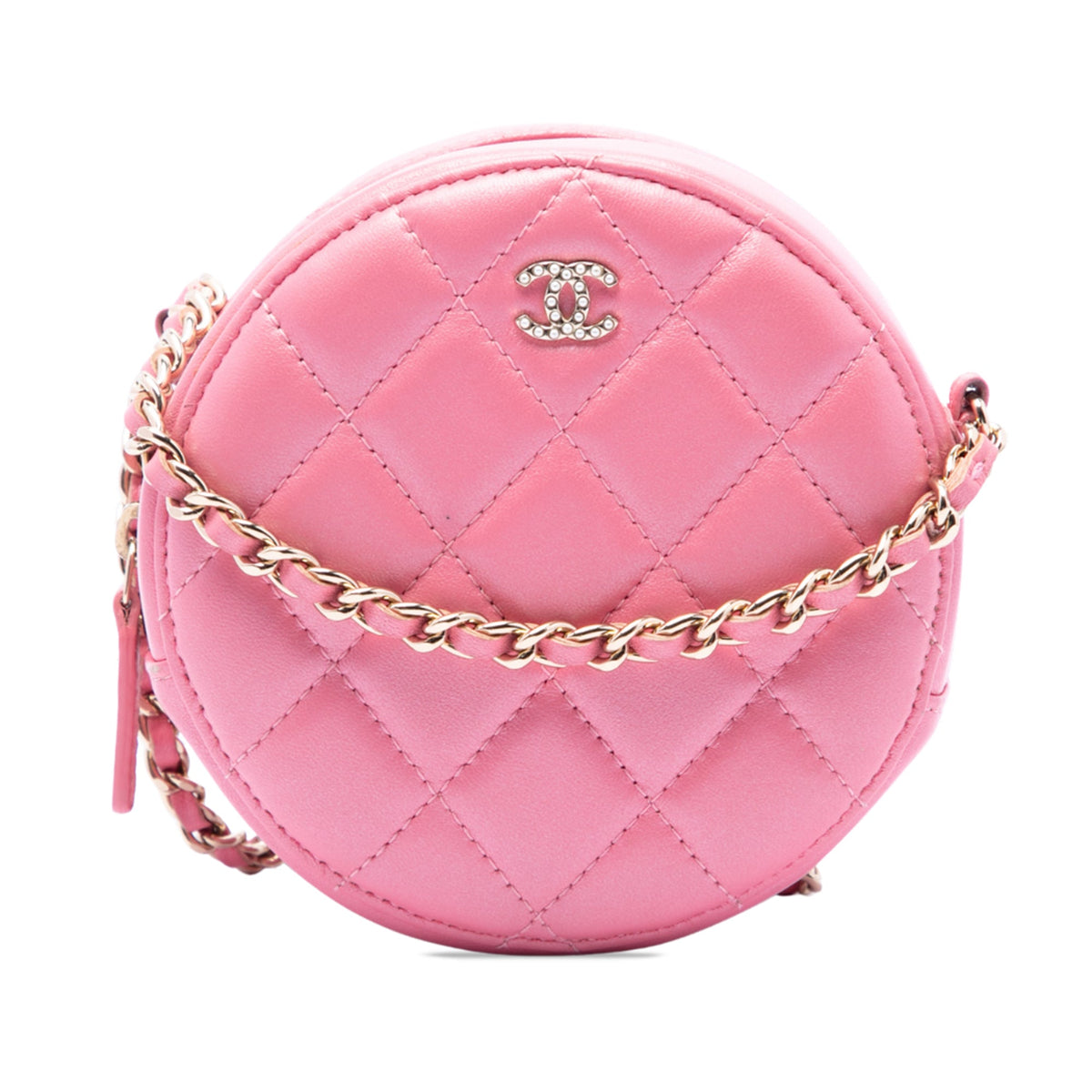 Chanel Quilted Lambskin Round Pearl Clutch with Chain