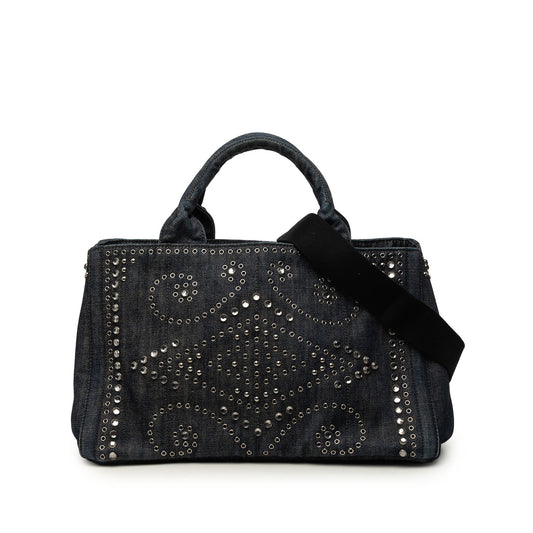 Prada Denim Canapa Bijoux and Grommet Tote