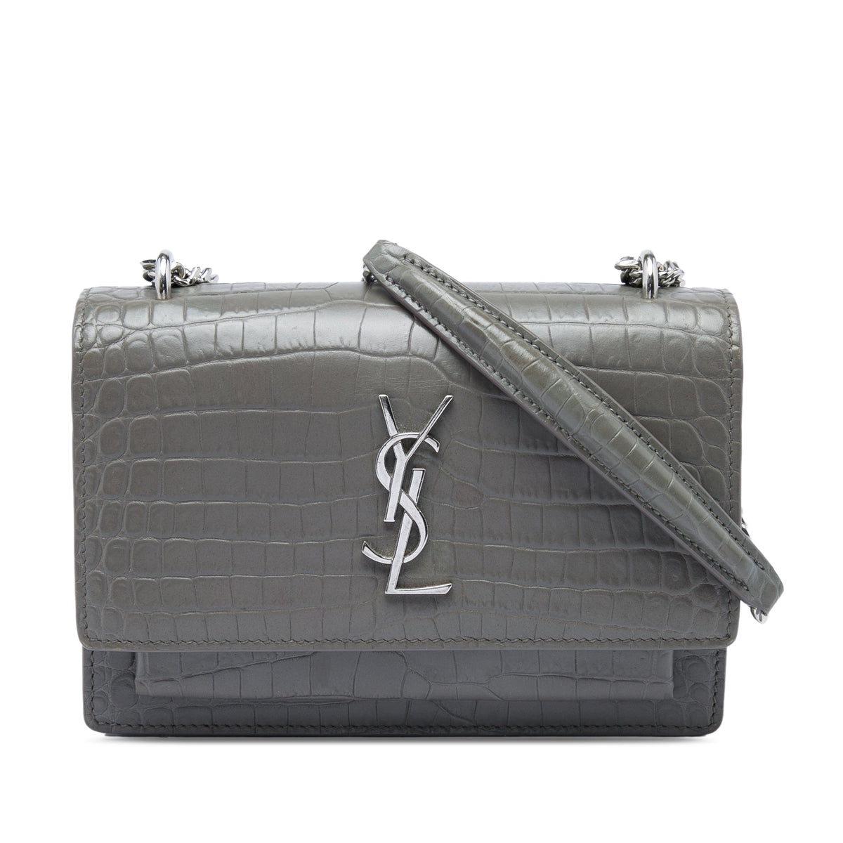 Saint Laurent Mini Croc Embossed Leather Monogram Sunset Wallet on Chain