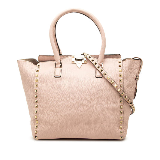 Valentino Medium Leather Rockstud Double Handle Tote — Pink