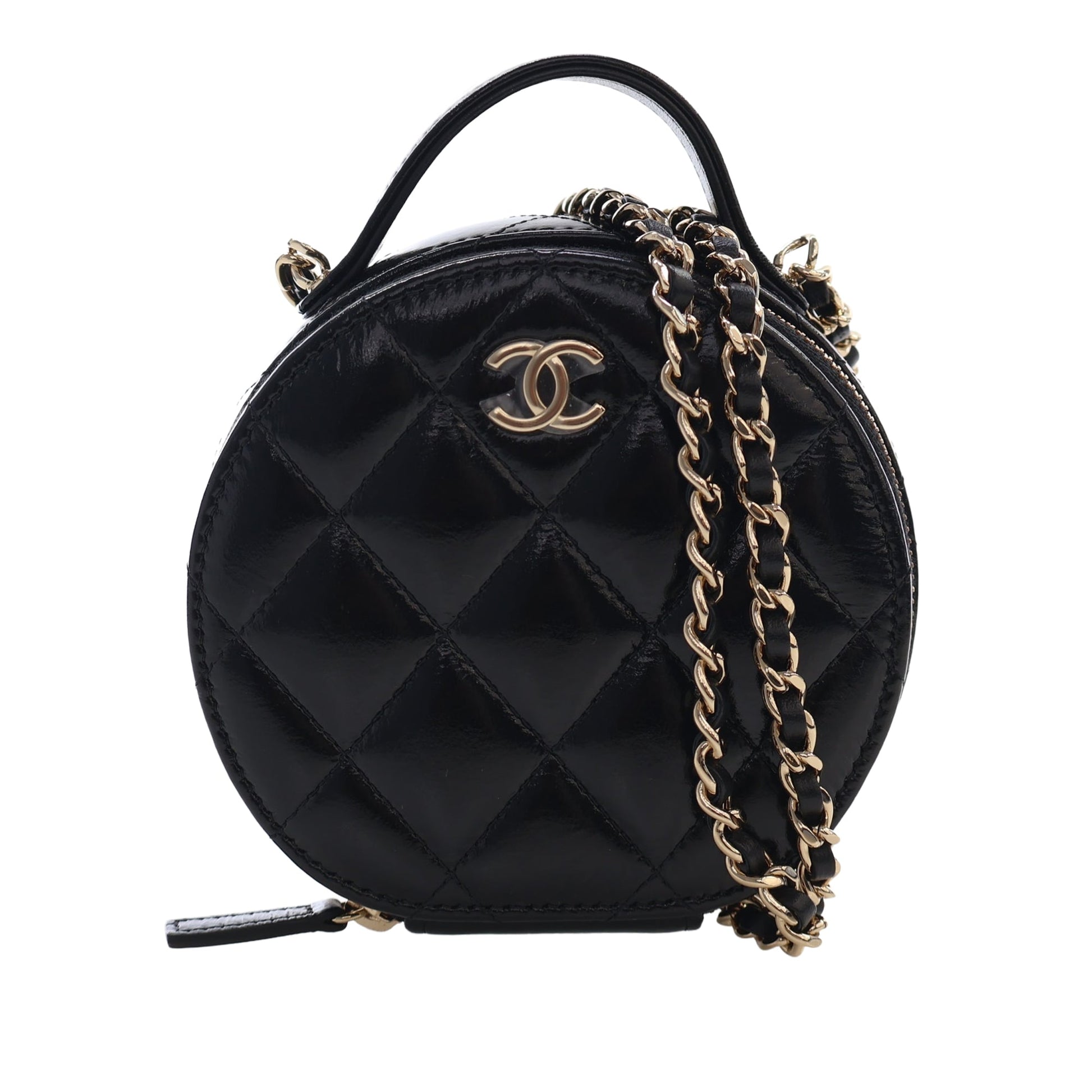Chanel Quilted Glazed Lambskin Handle With Care Round Vanity Case with Chain