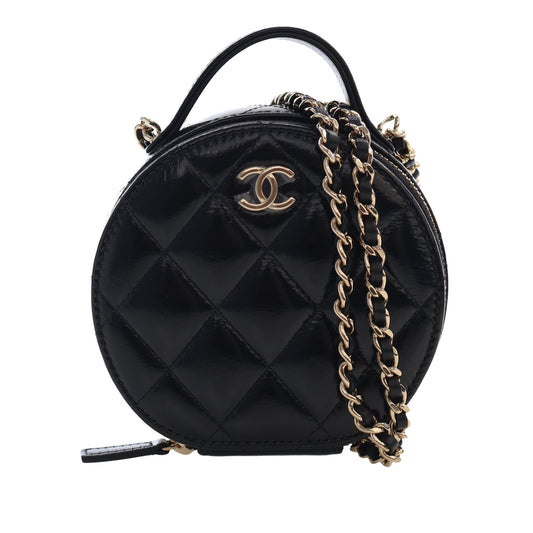 Chanel Quilted Glazed Lambskin Handle With Care Round Vanity Case with Chain