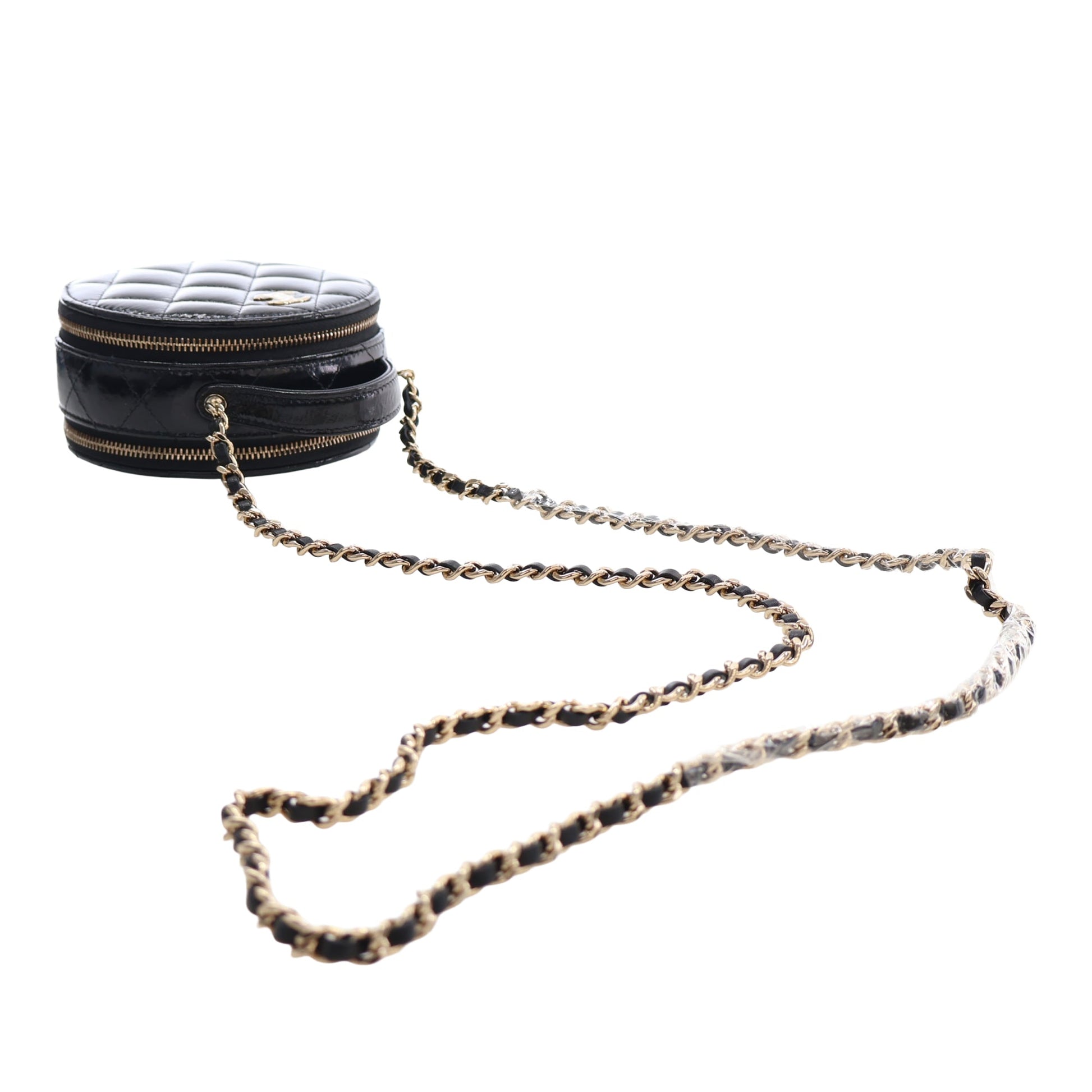 Chanel Quilted Glazed Lambskin Handle With Care Round Vanity Case with Chain
