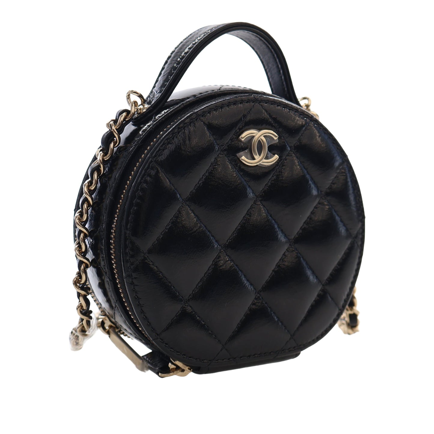 Chanel Quilted Glazed Lambskin Handle With Care Round Vanity Case with Chain
