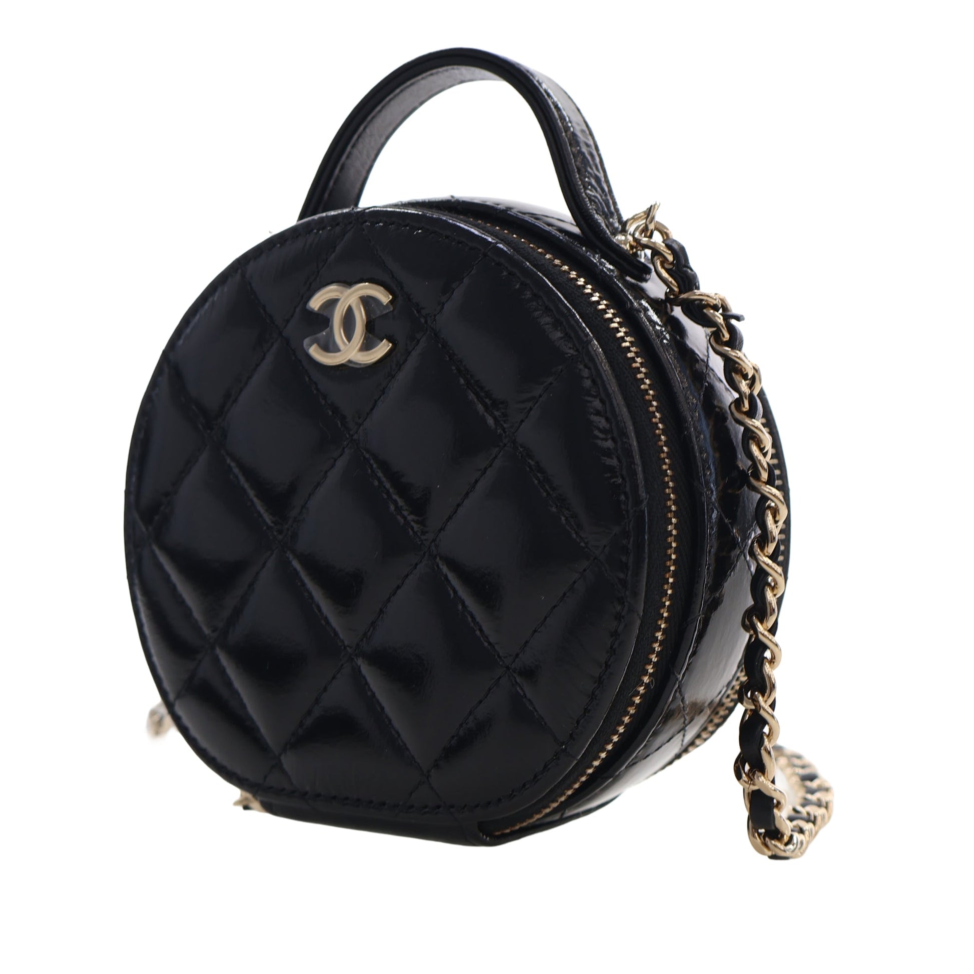 Chanel Quilted Glazed Lambskin Handle With Care Round Vanity Case with Chain