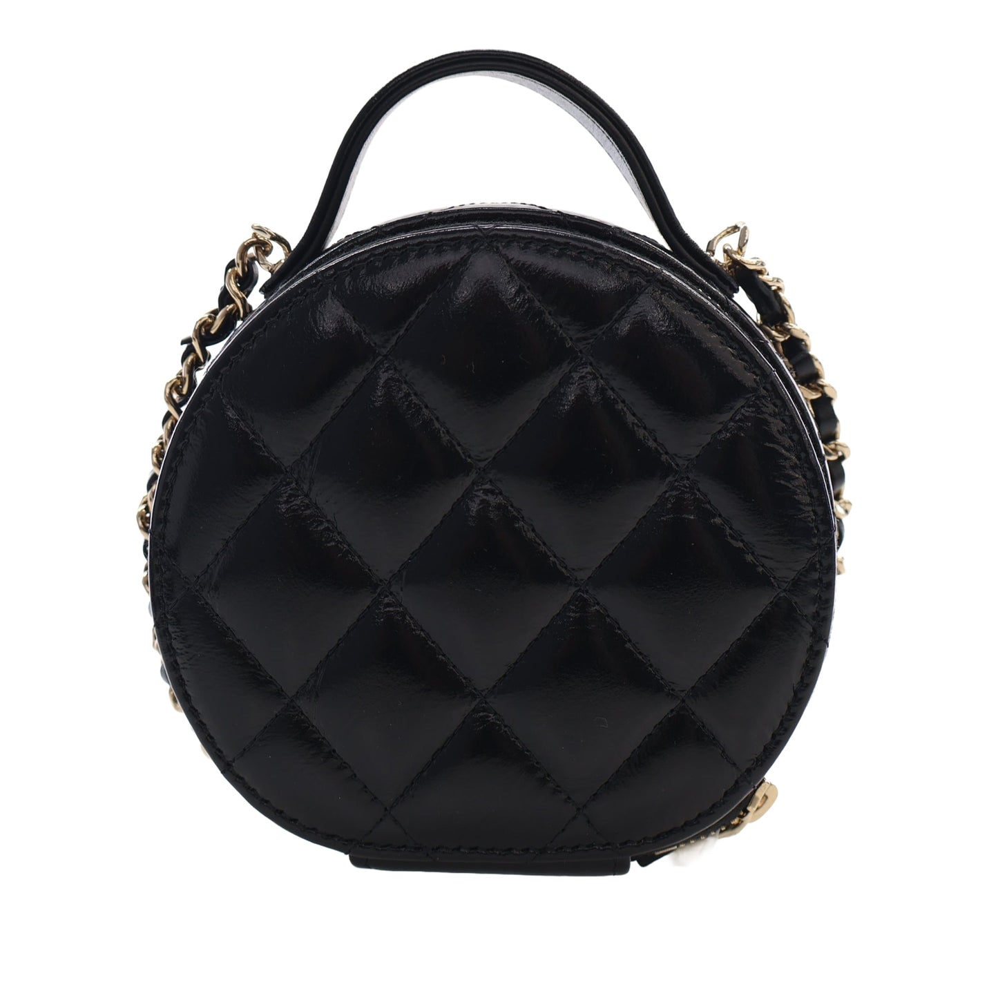 Chanel Quilted Glazed Lambskin Handle With Care Round Vanity Case with Chain