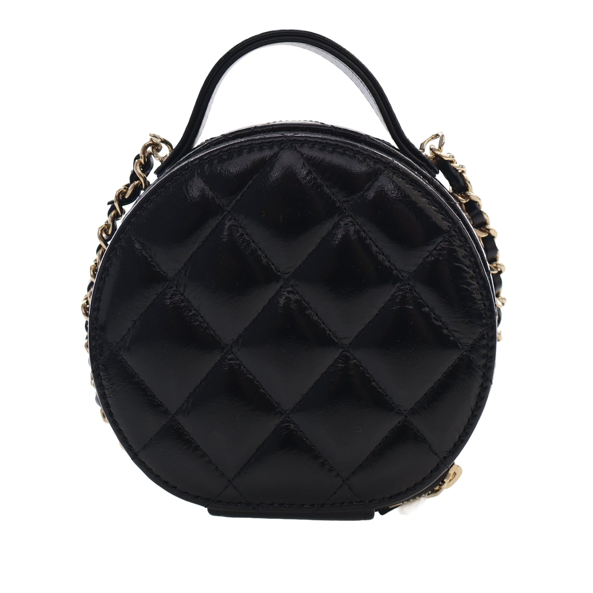 Chanel Quilted Glazed Lambskin Handle With Care Round Vanity Case with Chain