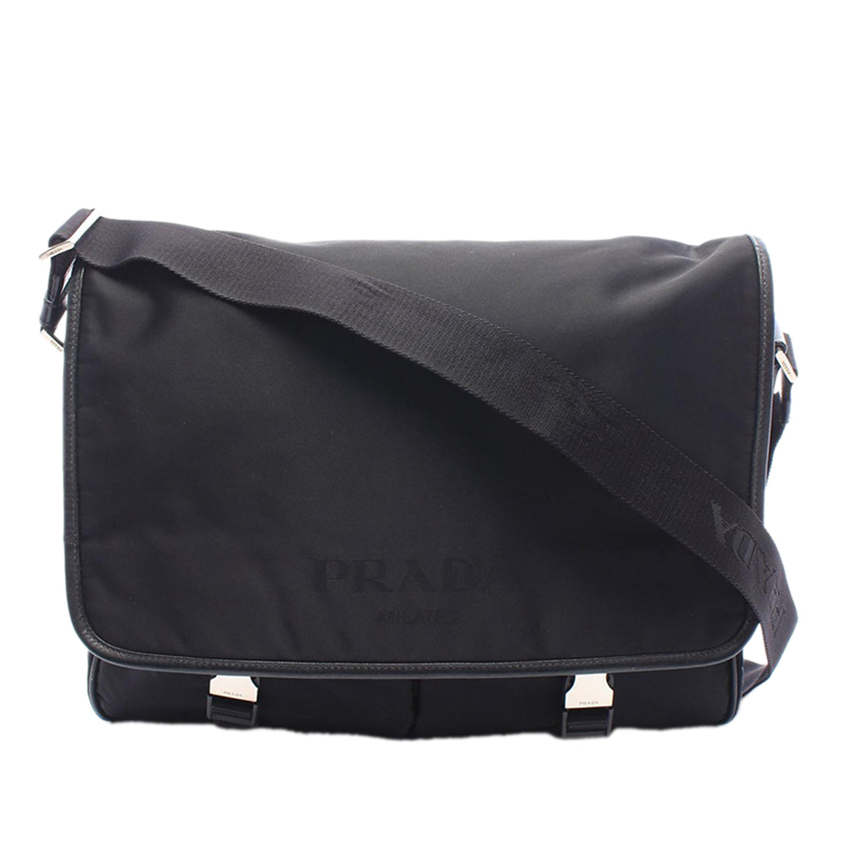 Prada Saffiano Trimmed Tessuto Double Buckle Messenger Bag — Black