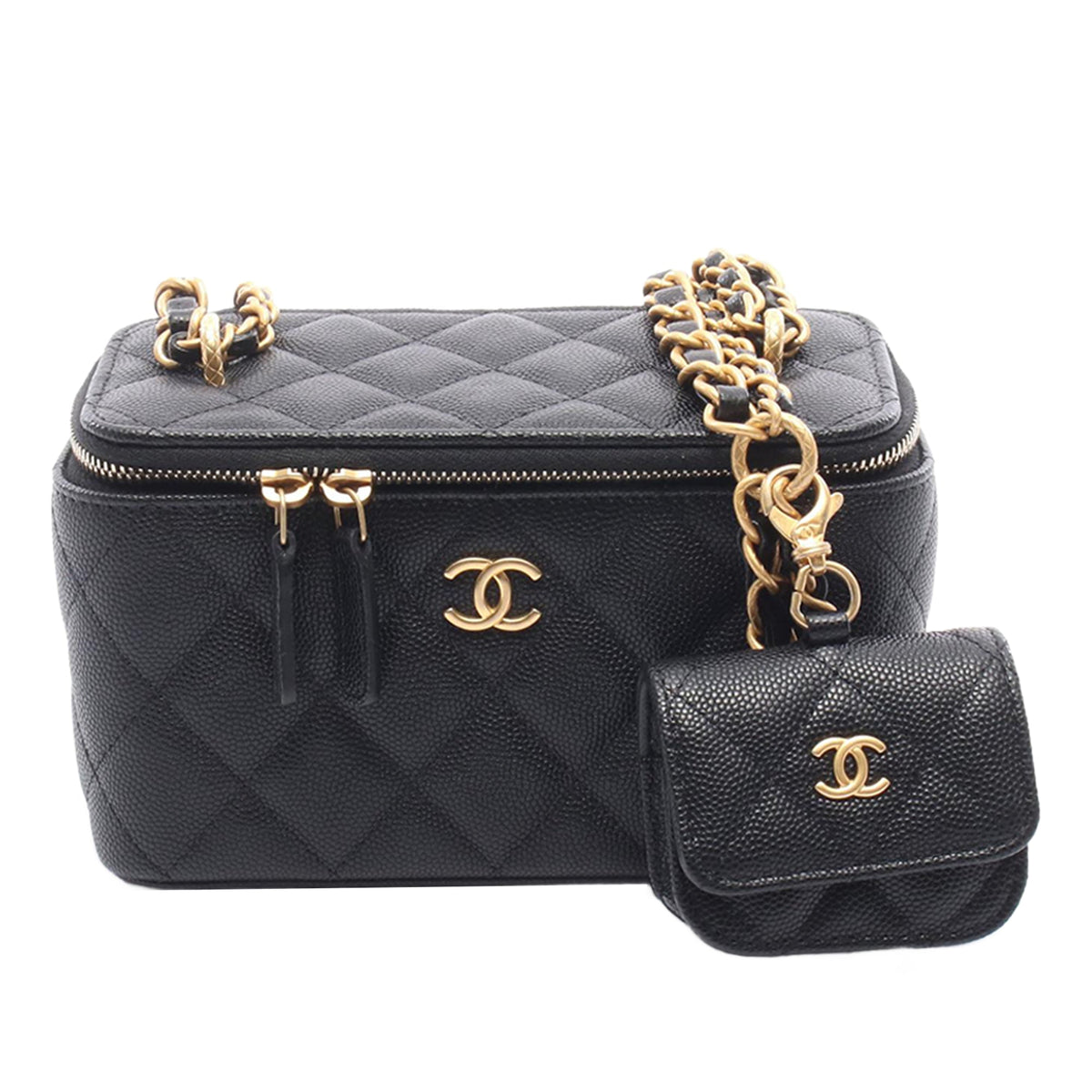 Chanel Small CC Quilted Caviar Vanity Case With Chain — Black