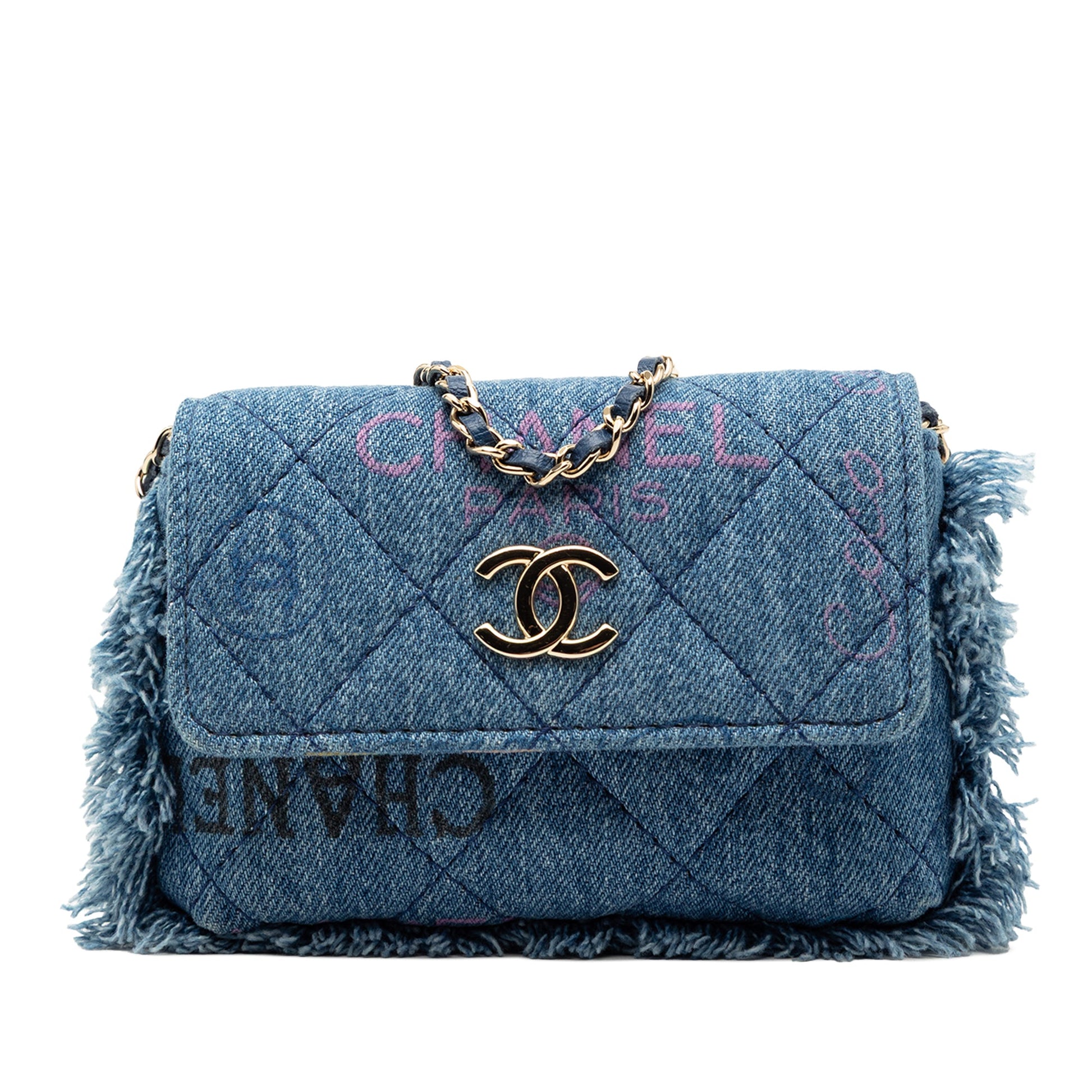 Chanel Fringe Denim Mood Clutch with Chain