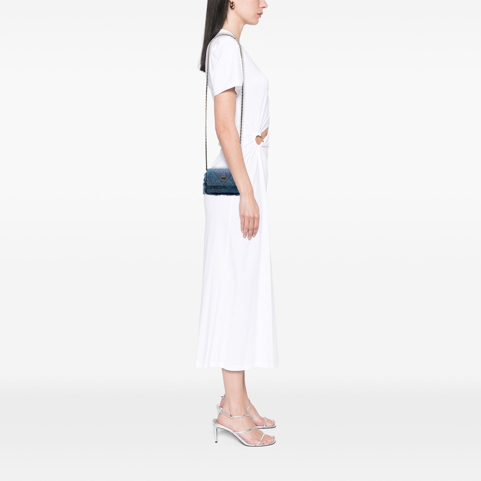 Chanel Fringe Denim Mood Clutch with Chain
