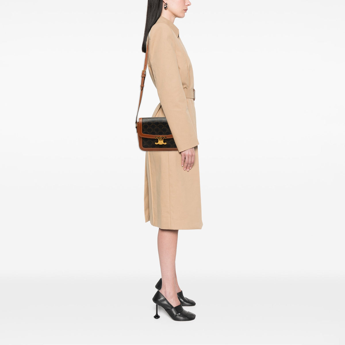 Celine Classique Triomphe Coated Canvas and Calfskin Triomphe Crossbody — Brown