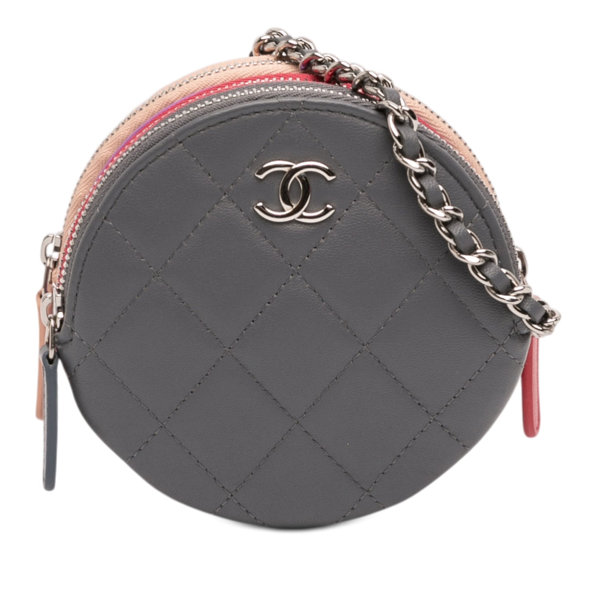 Chanel CC Quilted Lambskin Triple Zip Round Clutch With Chain