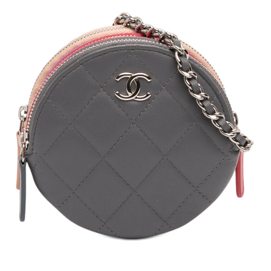 Chanel CC Quilted Lambskin Triple Zip Round Clutch With Chain