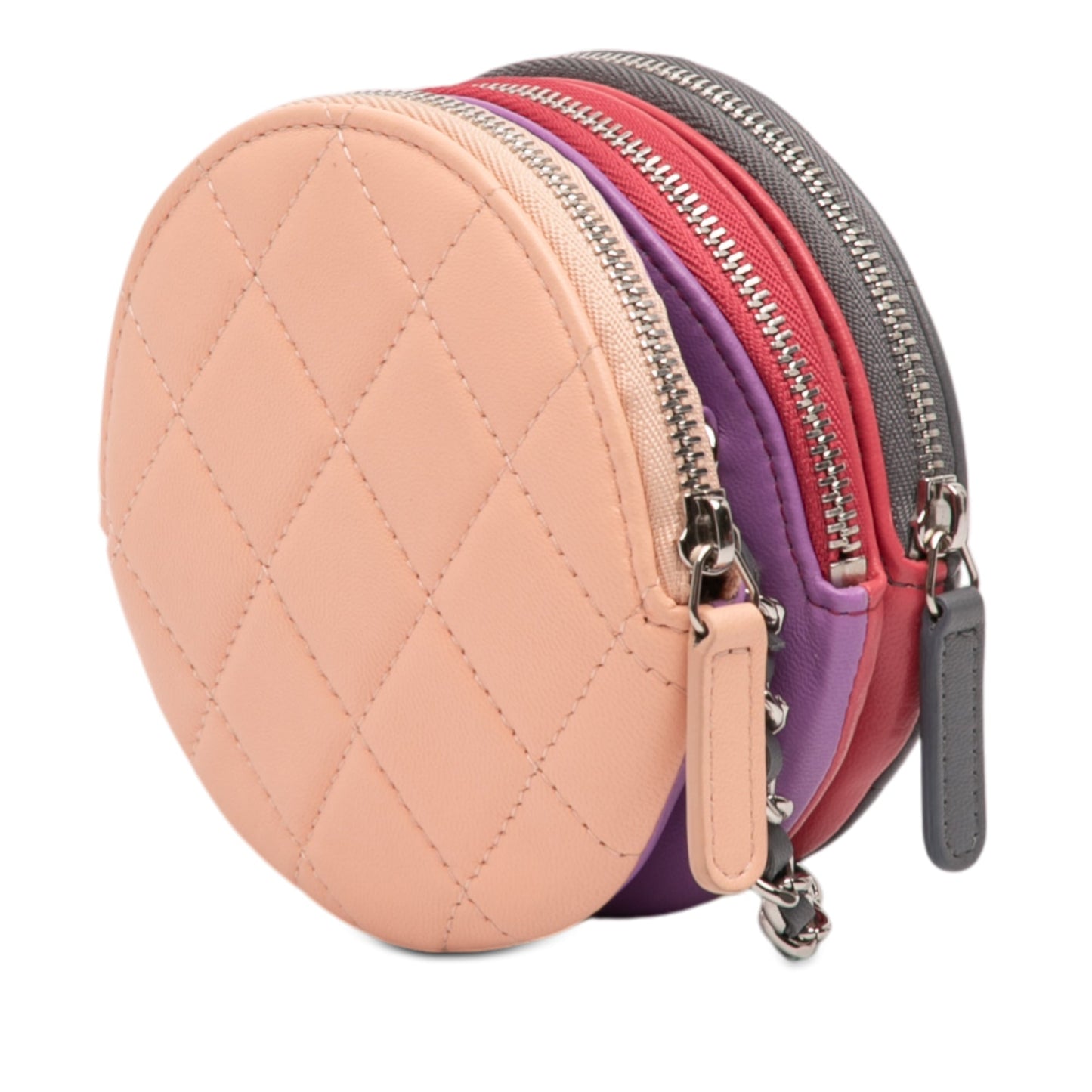 Chanel CC Quilted Lambskin Triple Zip Round Clutch With Chain