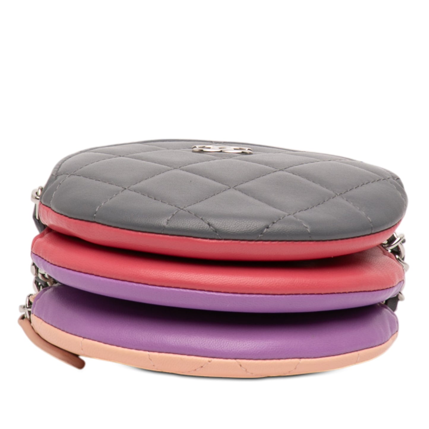 Chanel CC Quilted Lambskin Triple Zip Round Clutch With Chain