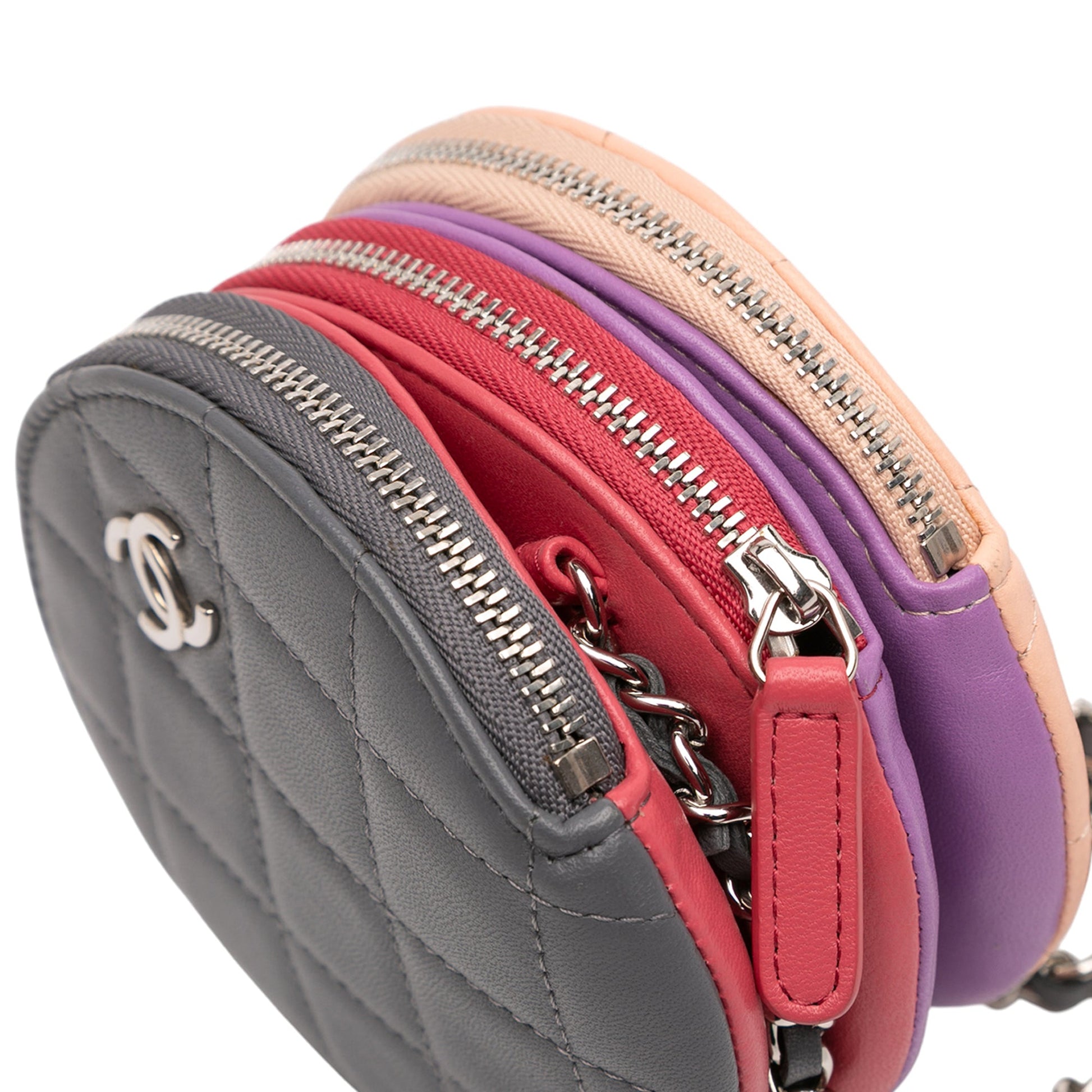 Chanel CC Quilted Lambskin Triple Zip Round Clutch With Chain