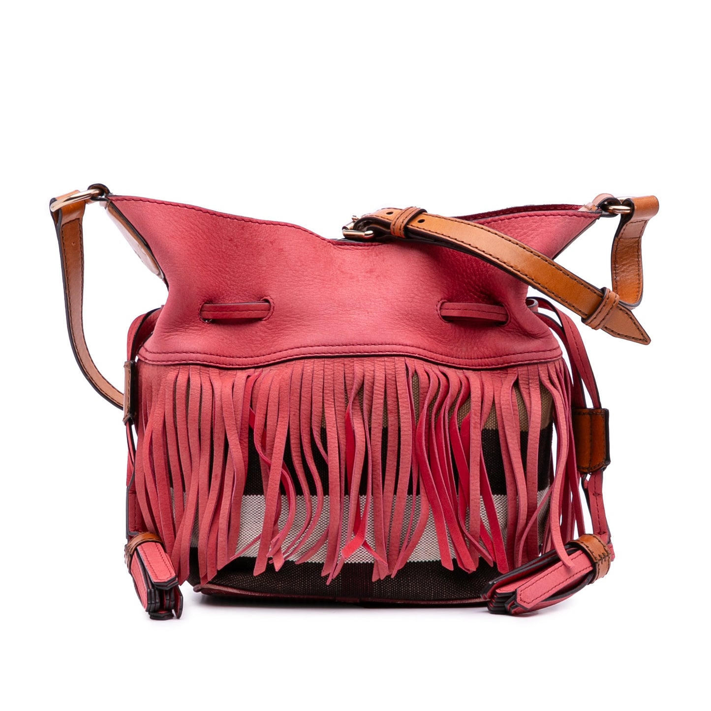 Burberry Small Mega Check Canvas and Suede Fringe Belgrove Bucket Bag