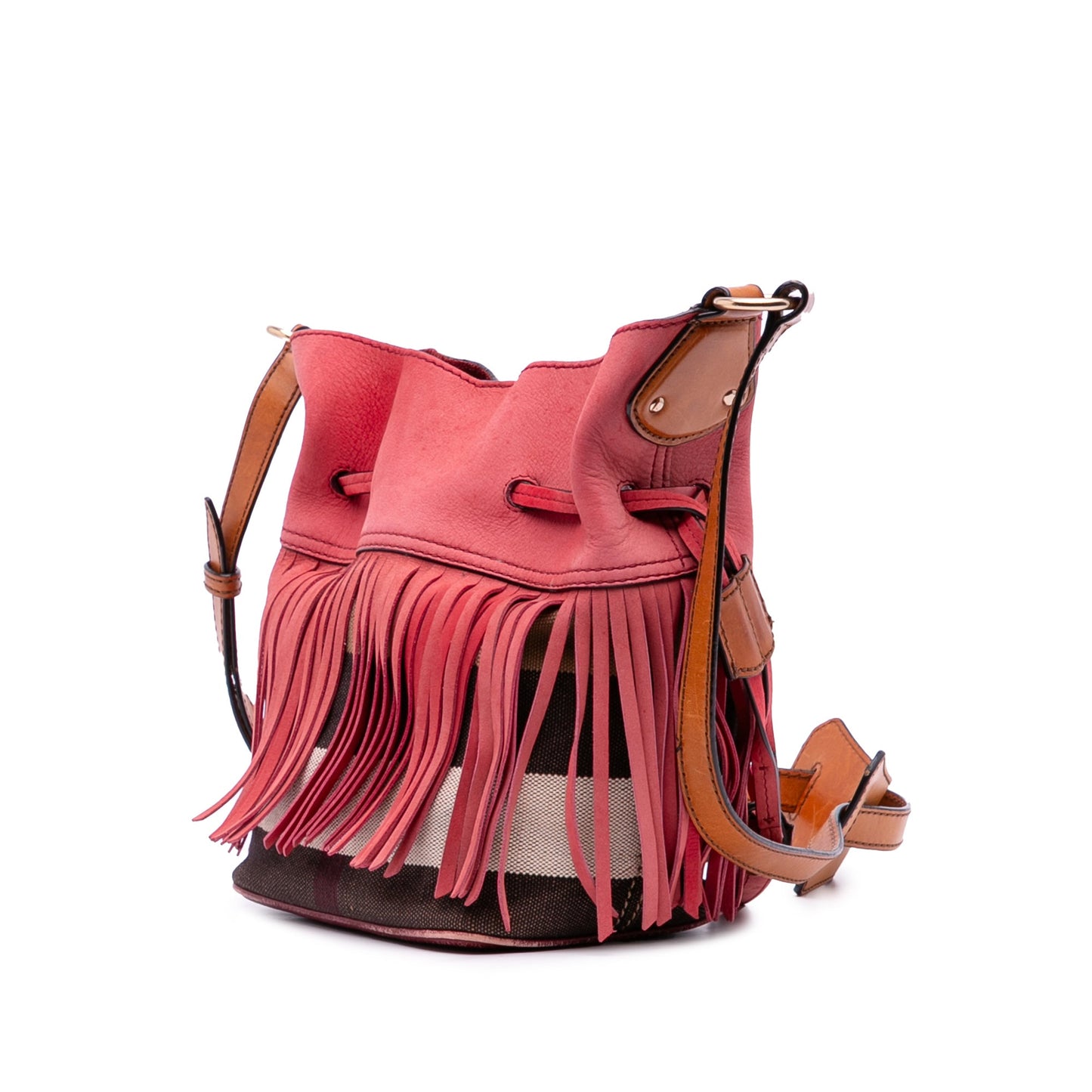Burberry Small Mega Check Canvas and Suede Fringe Belgrove Bucket Bag