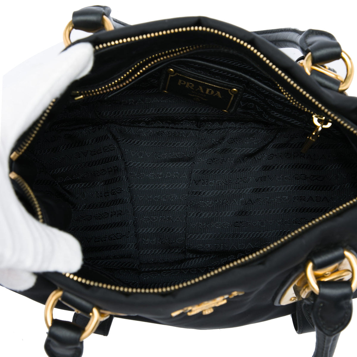 Prada Soft Calf Trimmed Tessuto Satchel — Black