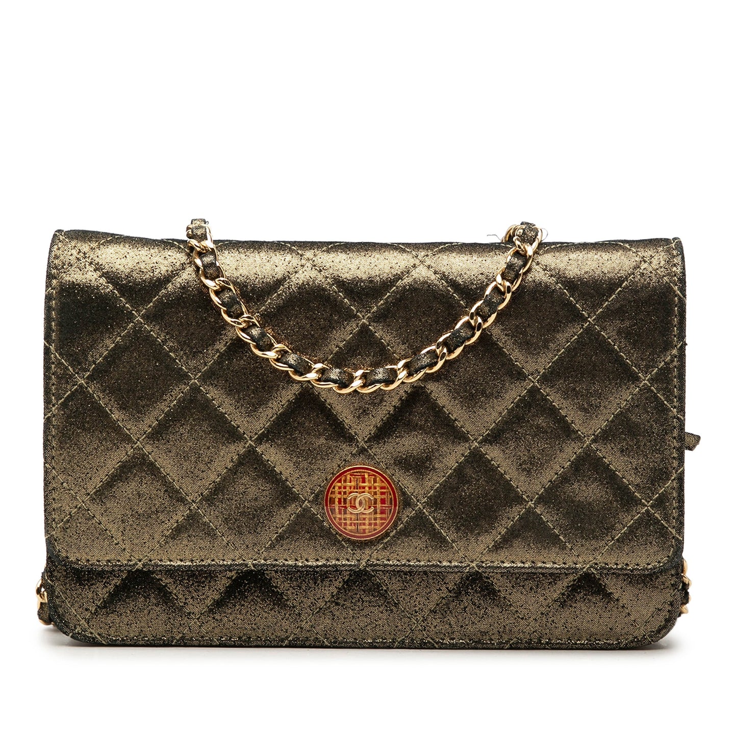 Chanel Quilted Iridescent Lambskin Tartan Button Wallet On Chain