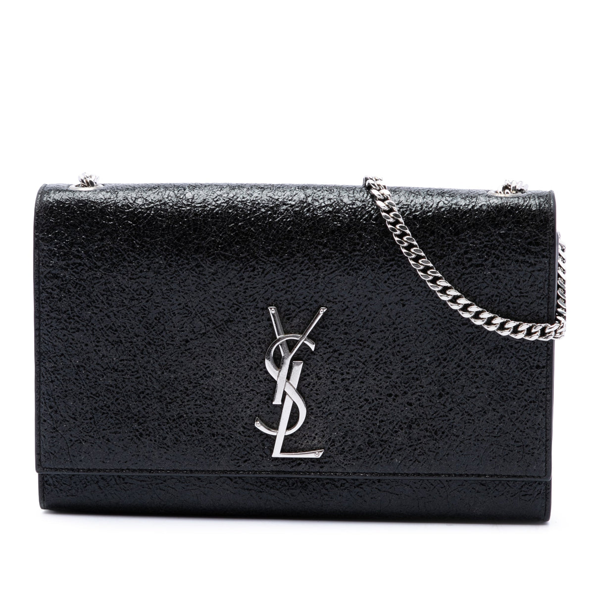 Saint Laurent Medium Crackled Patent Monogram Kate Crossbody — Black