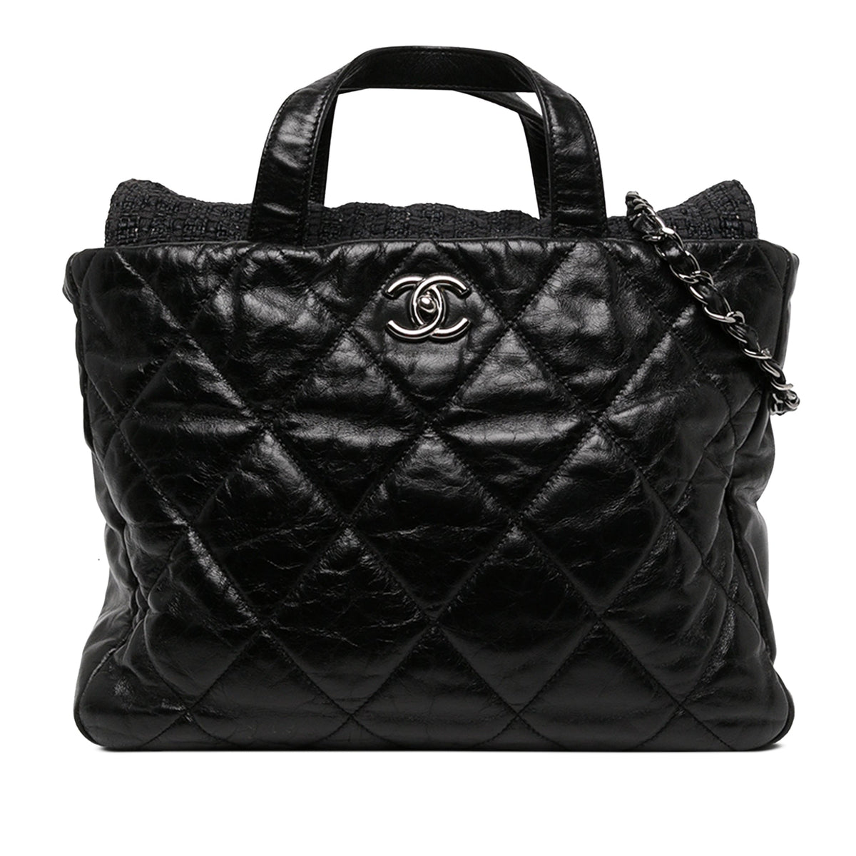 Chanel Quilted Glazed Calfskin and Tweed Portobello Tote — Black