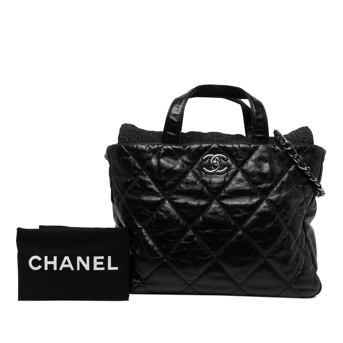 Chanel Quilted Glazed Calfskin and Tweed Portobello Tote — Black