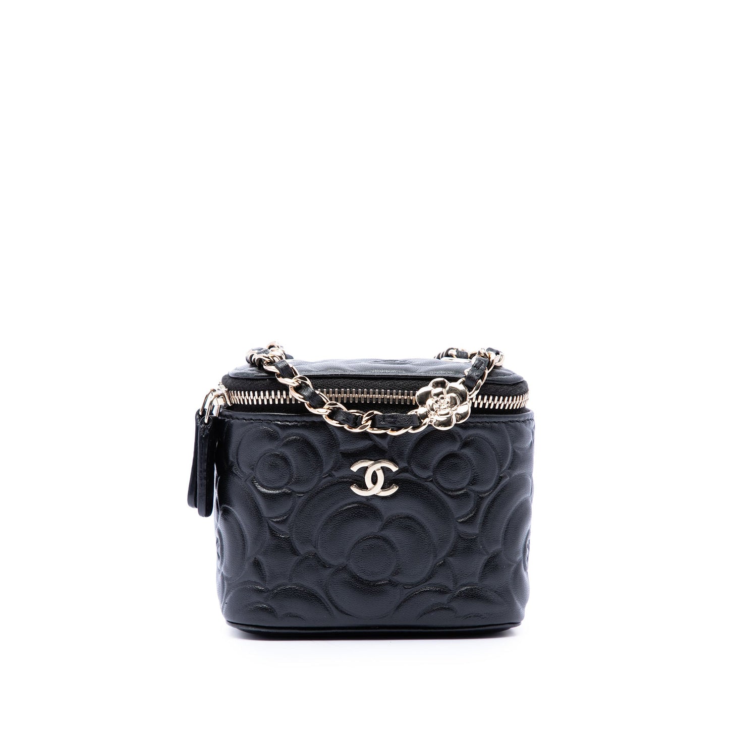 Chanel Mini Camellia Embossed Lambskin Vanity Case With Chain