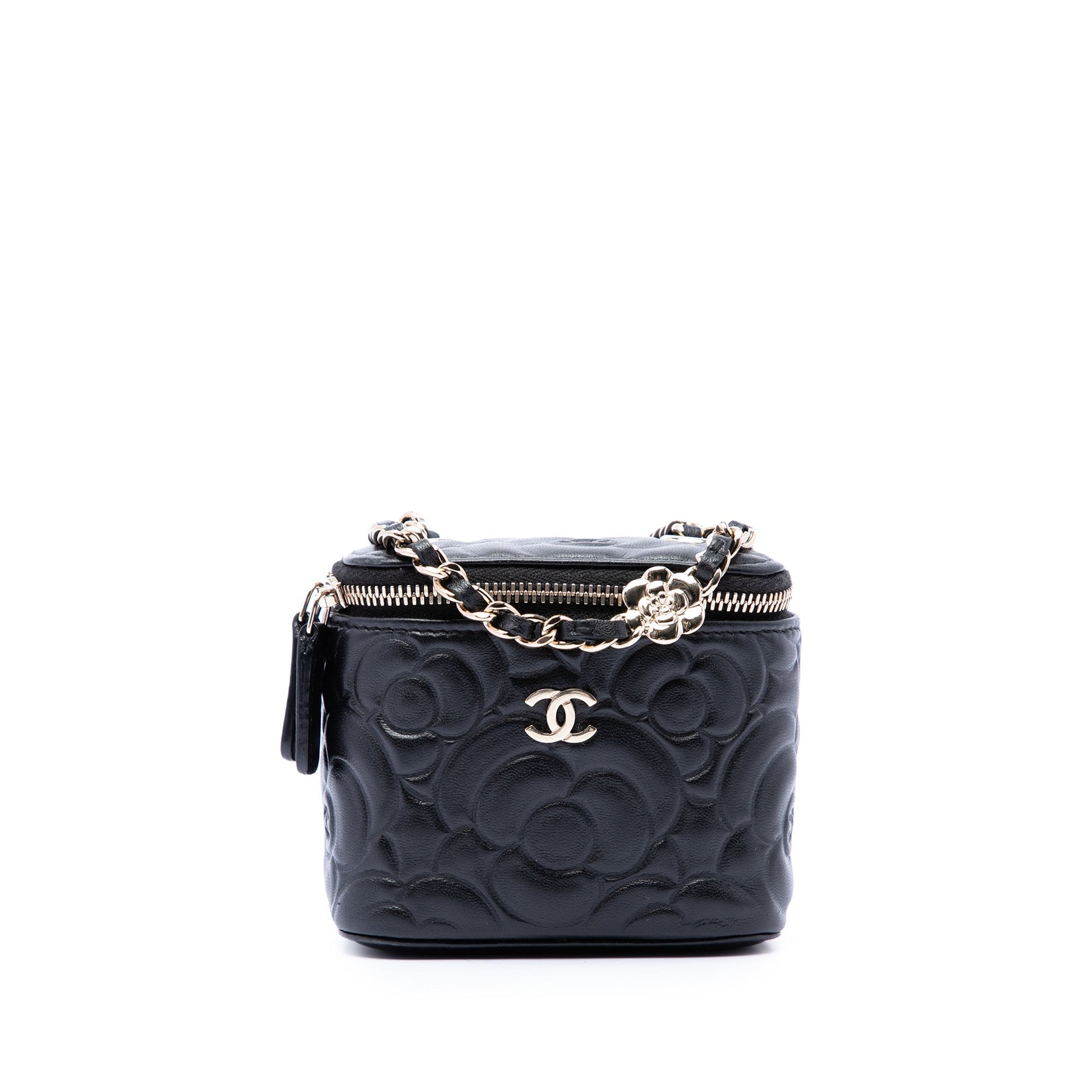 Chanel Mini Camellia Embossed Lambskin Vanity Case With Chain