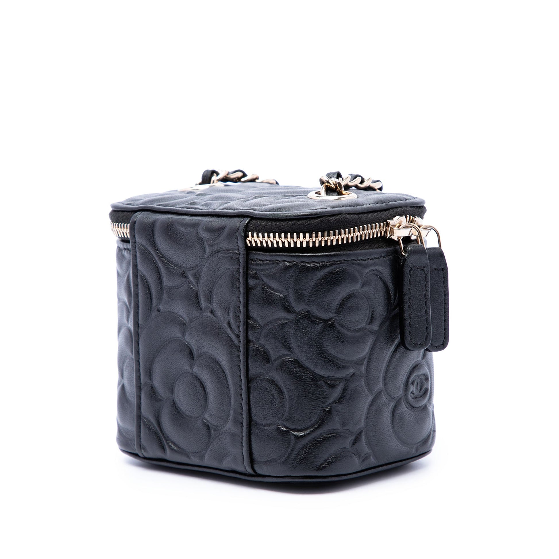 Chanel Mini Camellia Embossed Lambskin Vanity Case With Chain