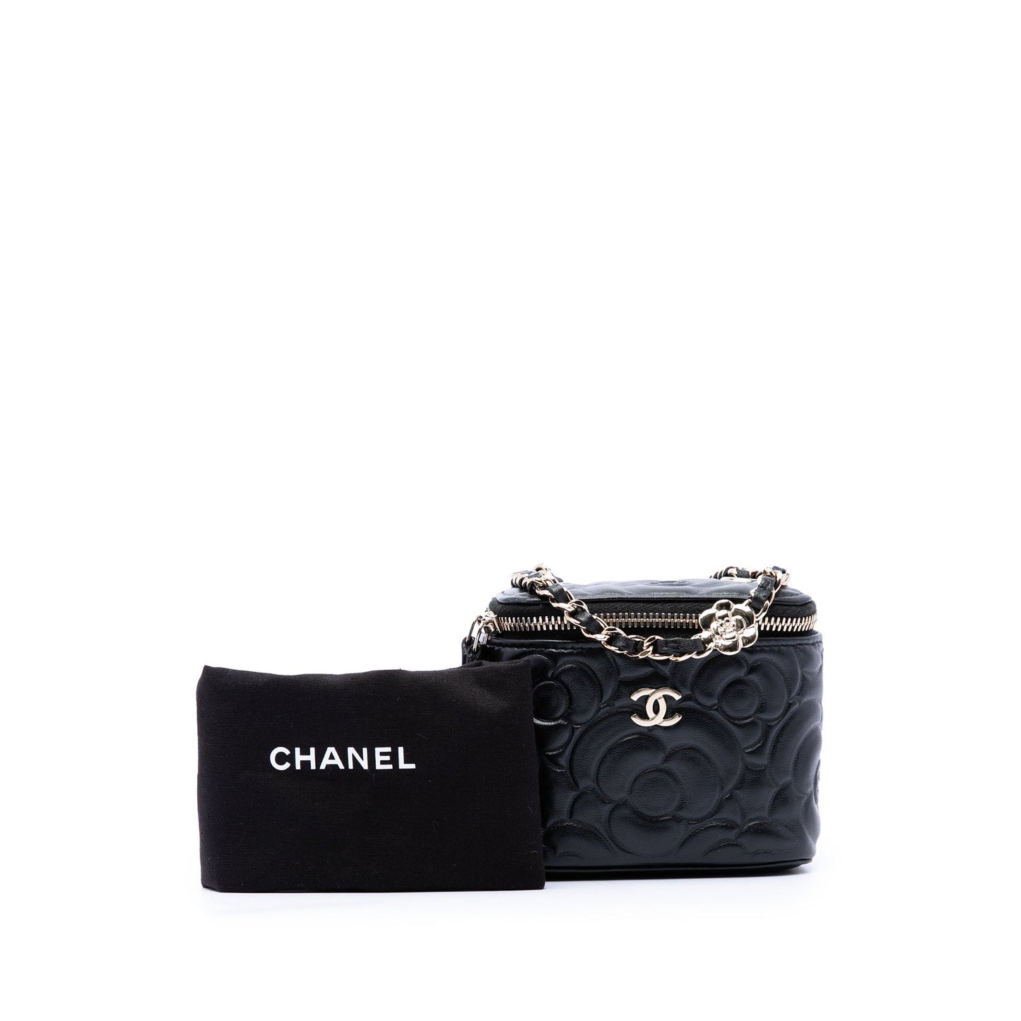 Chanel Mini Camellia Embossed Lambskin Vanity Case With Chain
