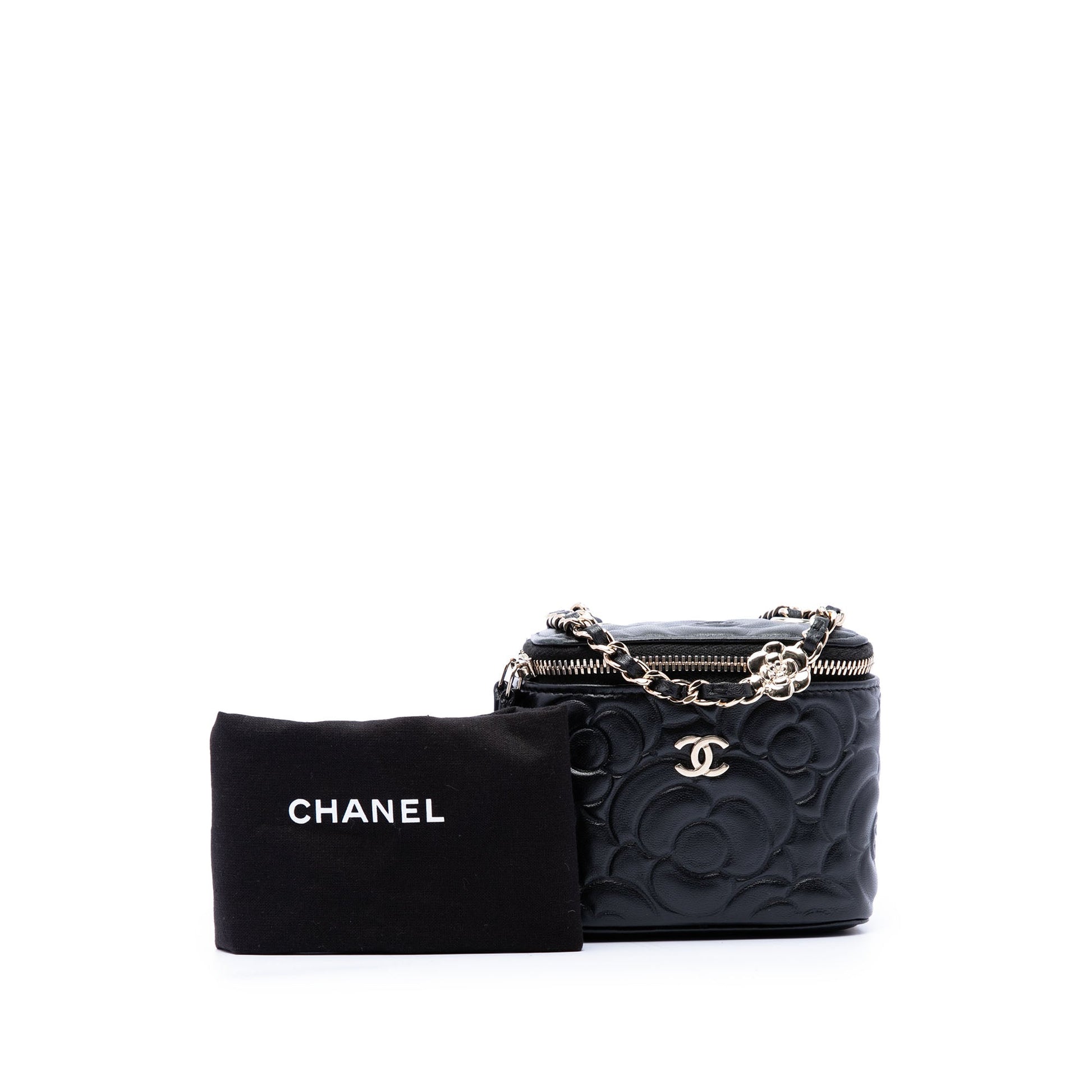 Chanel Mini Camellia Embossed Lambskin Vanity Case With Chain