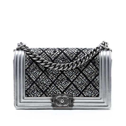 Chanel Old Medium Calfskin Crystal Embellished Boy Flap