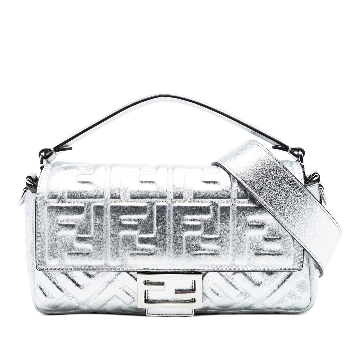 Fendi Medium Metallic Leather Embossed FF Baguette Satchel