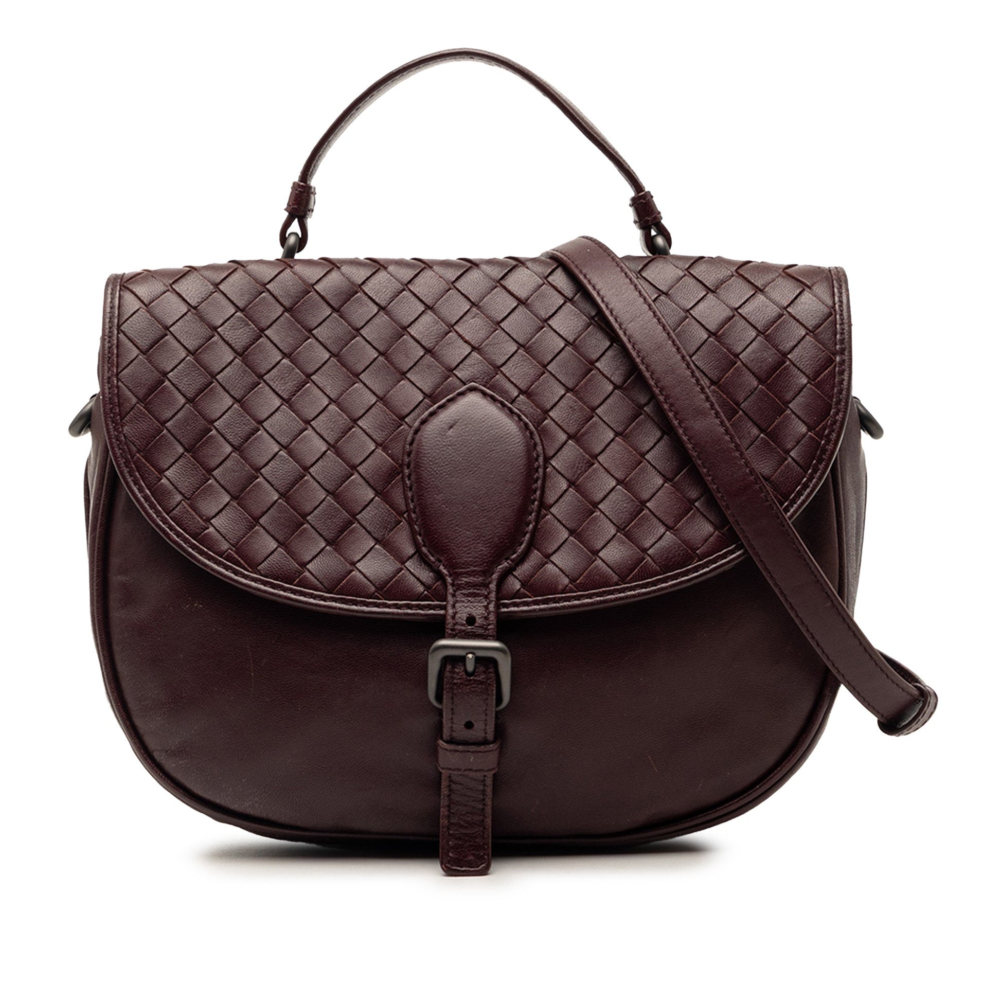 Intrecciato Trimmed Leather Double Sided Flap Satchel