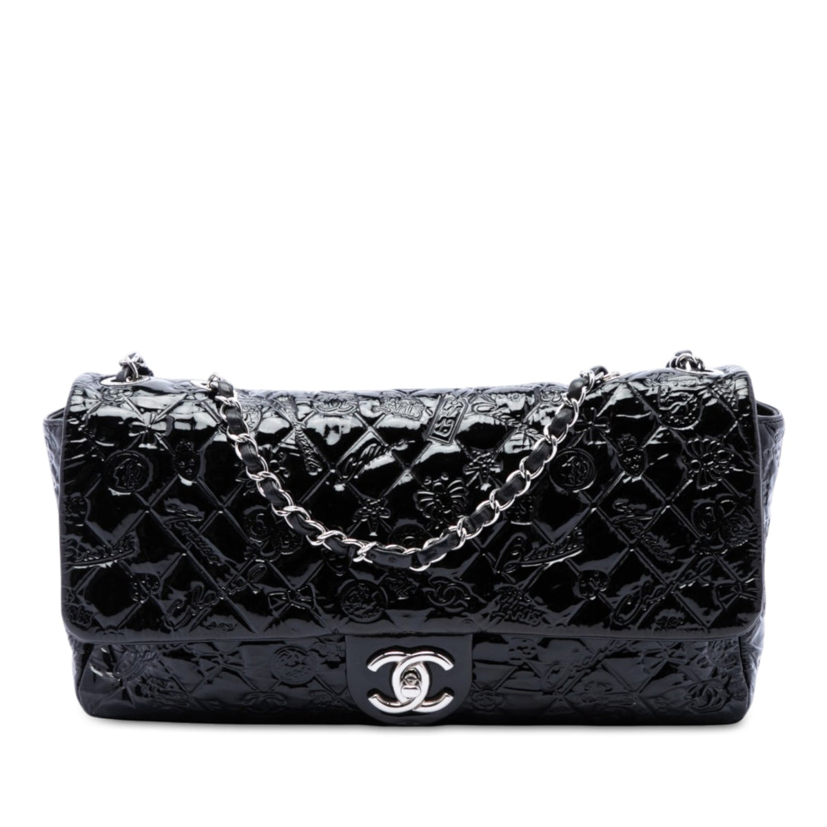 Chanel Jumbo Patent Embossed Lucky Symbols Flap — Black