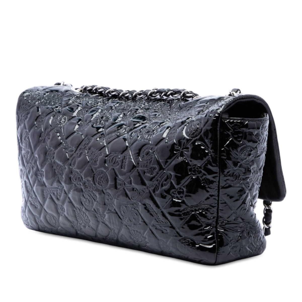 Chanel Jumbo Patent Embossed Lucky Symbols Flap — Black