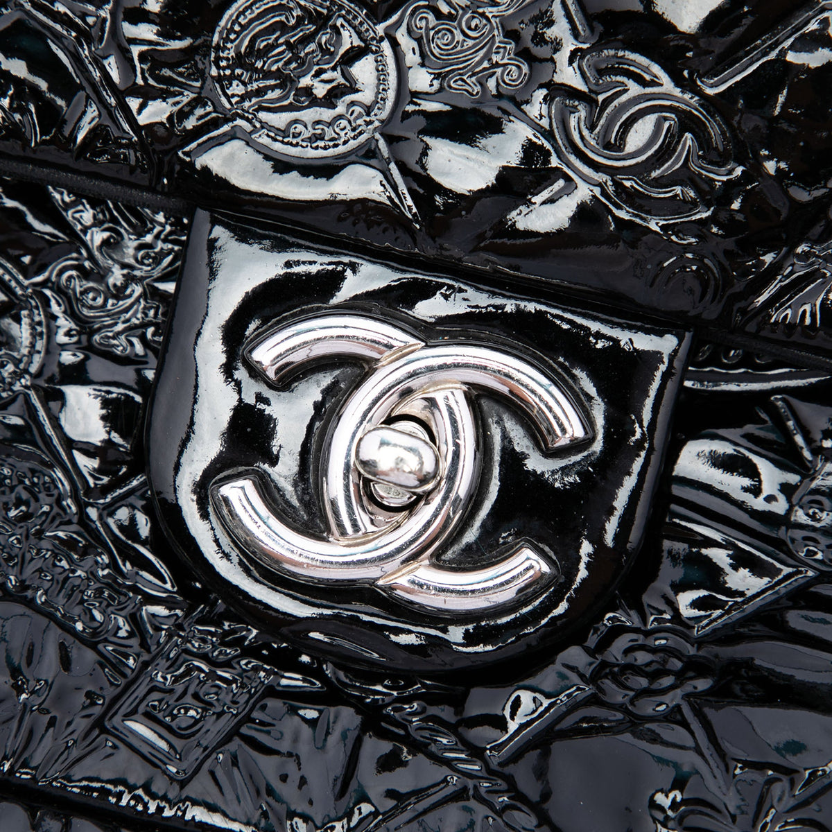 Chanel Jumbo Patent Embossed Lucky Symbols Flap — Black